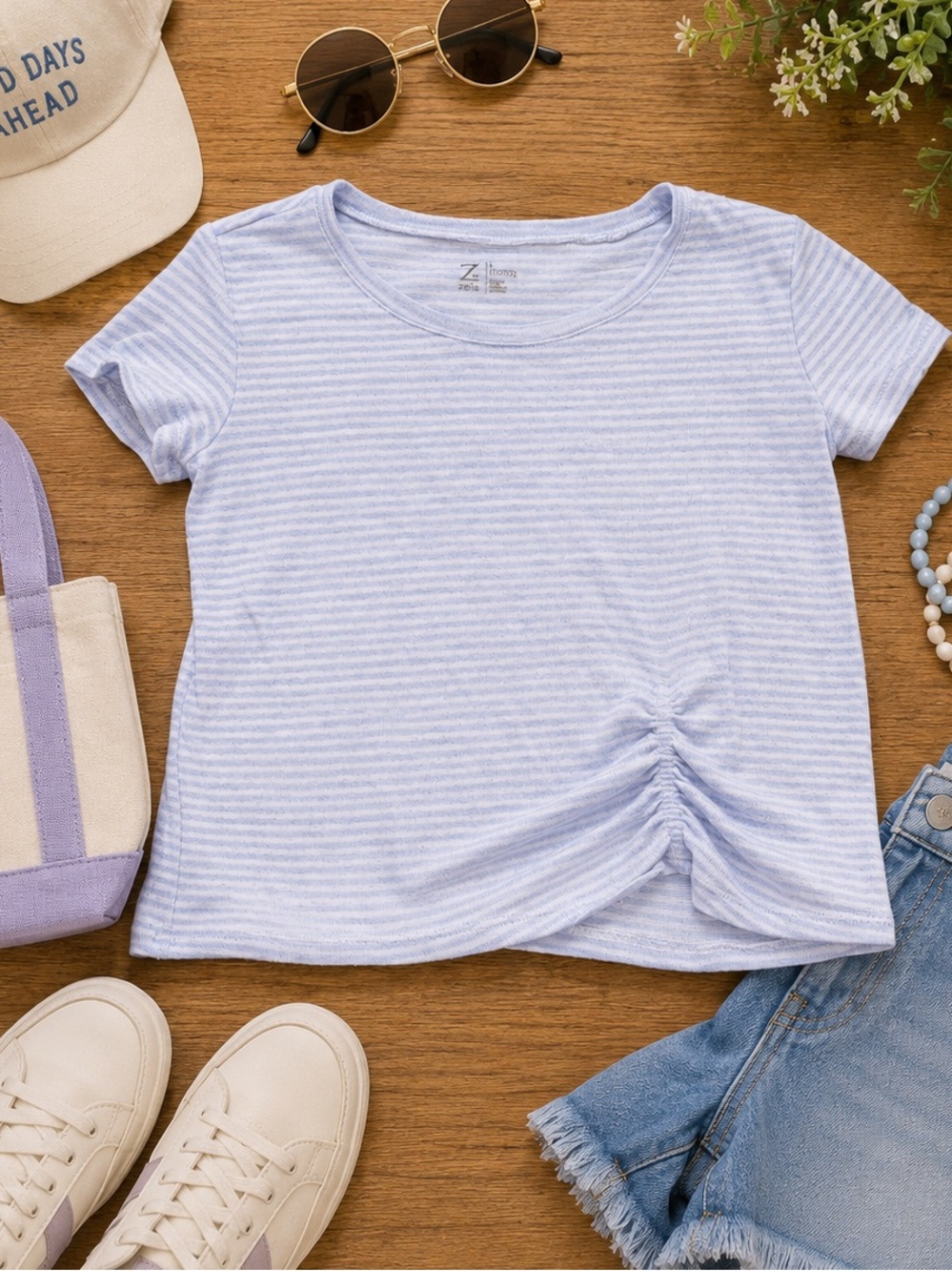 Zella Girls Lavender White Striped Ruched Short Sleeve Tee Size L 10/12